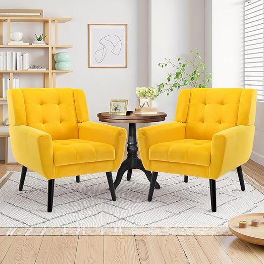 NicBex Accent Chair Set of 2, Modern Chair for Living Room Upholstered Foam Filled Living Room Chairs with Metal Legs Velvet Cozy Lounge Armchair for Living Room Bedroom,Yellow