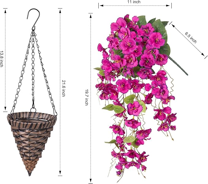 Artificial Fake Hanging Hibiscus Flowers Plants Baskets for Outdoor Decoration, Faux Silk Hibiscus Long Vines in Planter UV Resistant Realistic Flowers for Outside Porch Patio Home Decor(Purple 2)
