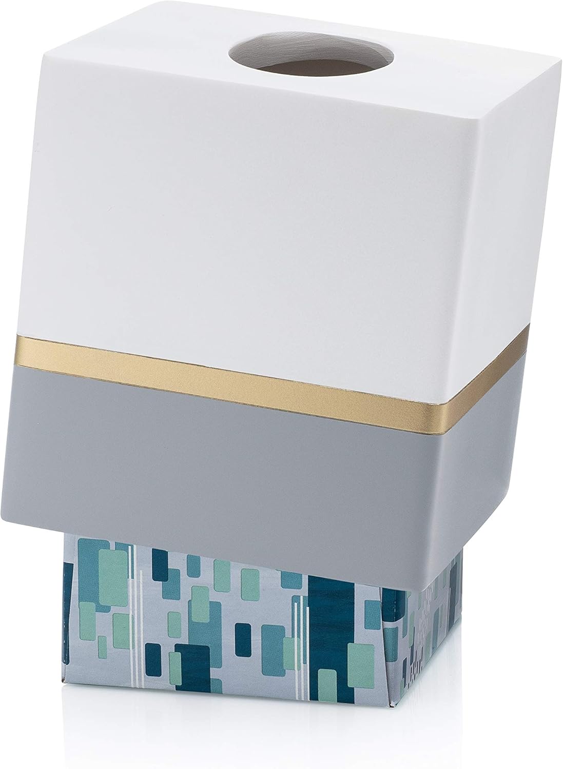 Essentra Home Day and Night Collection Square Tissue Box, White and Grey with Gold Stripe