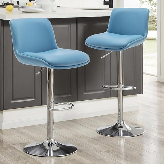 MINCETA Bar Stools,Modern Upholstered Swivel Stool with Back for Bar and Counter-Height, Adjustable Height 24" to 34",Set of 2,PU in Blue.