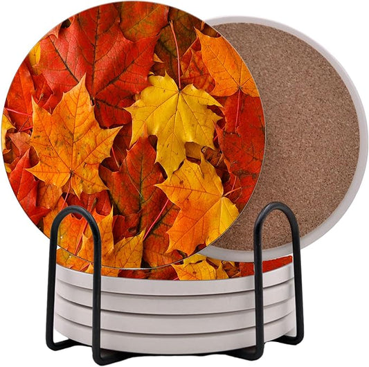 Fall Season Leaves Round Coasters Set of 6 - Abosrbent Ceramic Coasters with Metal Stand for Drinks, Coffee, Non-Slip Cork Back for Tabletop Protection, 4 Inches (Leaves)
