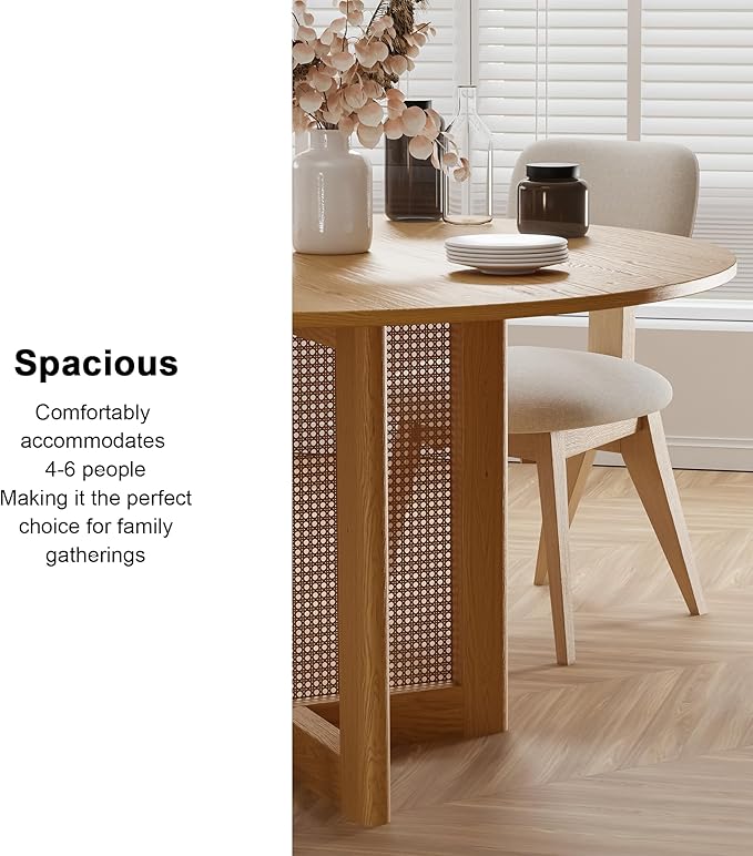 Casaphoria 52" Dining Table, Modern Kitchen Table for 4-6, Farmhouse Style with Round Top & Wicker Base, Easy Assembly for Living Room, Kitchen, Natural Wood