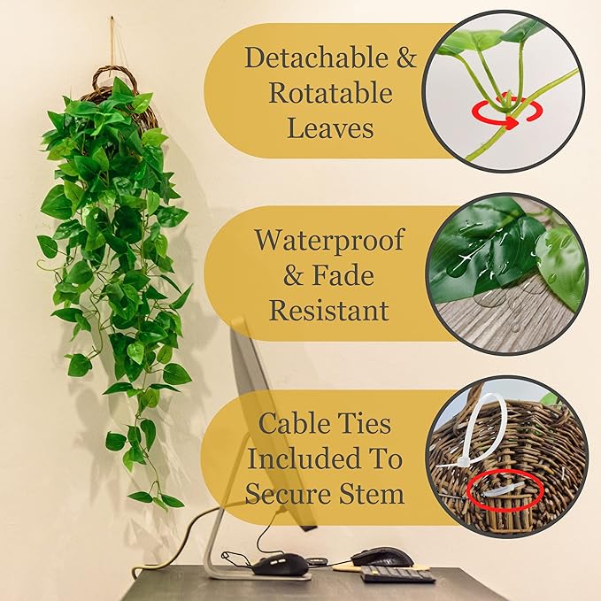 2-Pack Artificial Plants (with Baskets) - Ivy Vines Pothos - Outdoor & Indoor Decorations - Wall Faux Hanging Vine with Fake Leaves