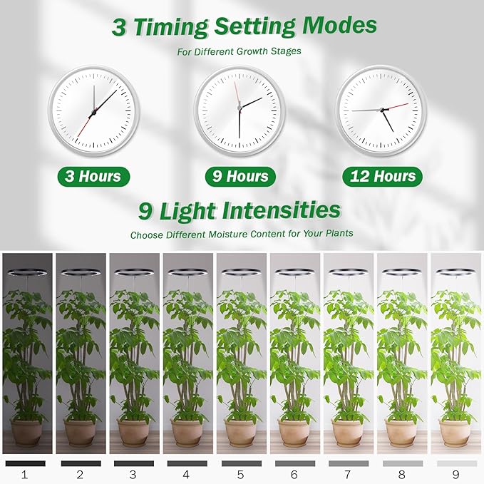 10" Floor Grow Lights for Large Indoor Plants, Full Spectrum Indoor Plant Light for Indoor Growing with Timer 3/9/12H,Height Adjustable 9"-59", 9 Brightness,Led Tall Halo Grow Light for House Plants