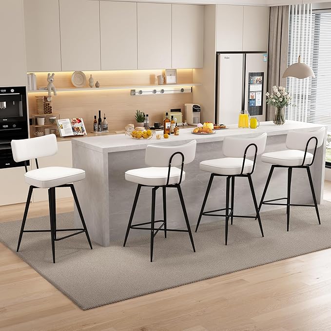 Swivel Counter Height Bar Stools Set of 2, 26" Leather Swivel Bar Stools with Backs, Metal Legs, Modern Stools for Kitchen Counter, White