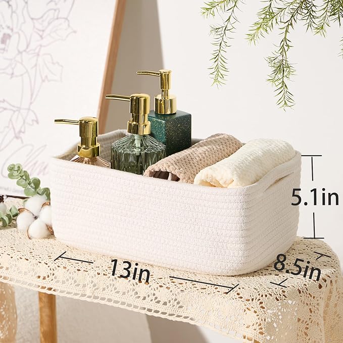 Small Storage Baskets for Organizing | Closet Organizer Bins | Shelf Toy Basket | Woven Rope Baskets | Cube Decorative Box | Shallow Basket | 13x8.5x5.1” | 3 Packs Off White