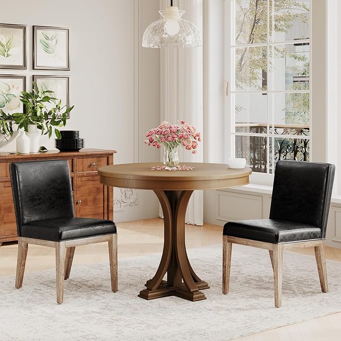 Wooden Dining Chairs Set of 2, Modern Leather Upholstered Dining Room Chair, Kitchen Side Chairs, Farmhouse Dinner Chair with High Back for Kitchen, Black