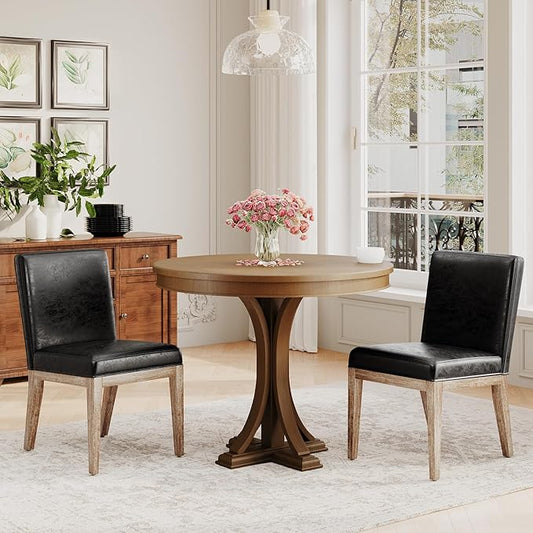 Wooden Dining Chairs Set of 2, Modern Leather Upholstered Dining Room Chair, Kitchen Side Chairs, Farmhouse Dinner Chair with High Back for Kitchen, Black