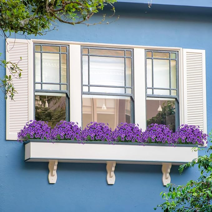 Outdoor Artificial Flowers 21 UV Resistant Bundles Fake Flower Plastic Plants Faux Silk Flowers Porch Hanging Garden Porch Window Box Decorating (Purple)