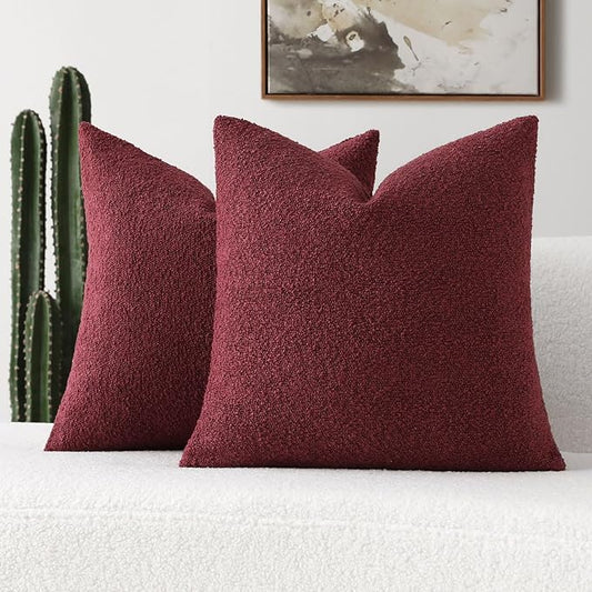 FUTEI Pack of 2 Burgundy Decorative Throw Pillow Covers 18x18 Inch Soft Cozy Solid Boucle Textured Cushion Case,Modern Home Decor for Couch Bed Living Room