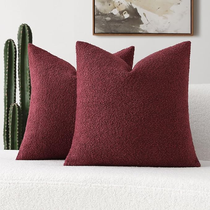 FUTEI Pack of 2 Burgundy Decorative Throw Pillow Covers 22x22 Inch Soft Cozy Solid Boucle Textured Cushion Case,Modern Home Decor for Couch Bed Living Room