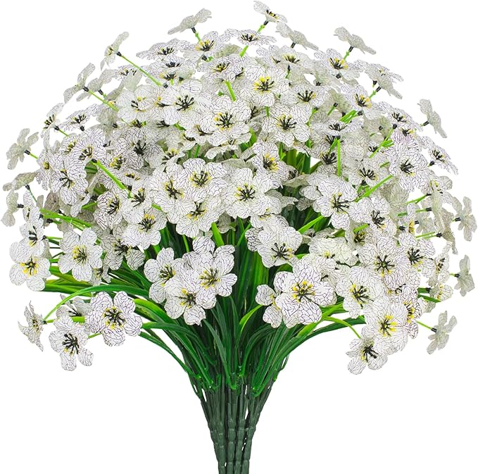Outdoor Artificial Flowers 21 UV Resistant Bundles Fake Flower Plastic Plants Faux Silk Flowers Porch Hanging Garden Porch Window Box Decorating (White)