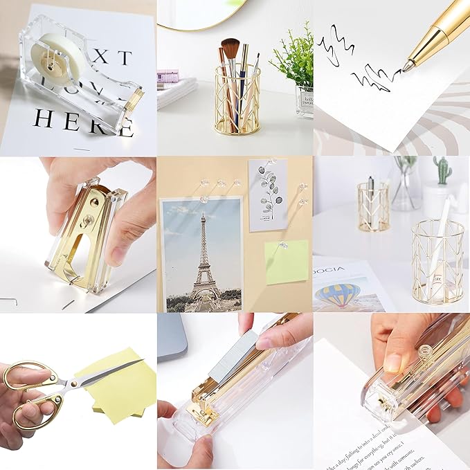 Famassi Gold Desk Accessories，Office Supplies Set Acrylic Stapler Set Staple Remover, Tape/Pen Holder, 2 Ballpoint Pen, Scissor, Binder/Paper Clips and 1000pcs Staples.