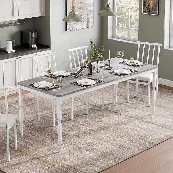 IDEALHOUSE 71 Inch Farmhouse Dining Table for 6-8 People, Rectangular Wood Kitchen Table with Heavy Duty Legs, Kitchen Dining Room Table for Dining Room Kitchen, Wash Grey