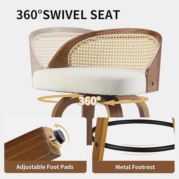 26 inch Swivel Bar Stools with Back, Set of 2 Mid-Century Modern Counter Stools, Beige Soft Textured Fabric Seat with Walnut Frame and Footrest for Kitchen Island & Dining Area