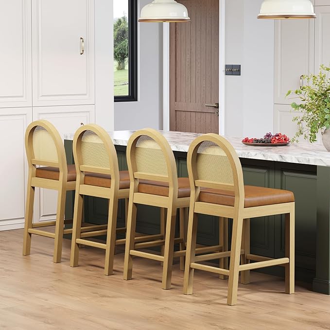 STHOUYN Upholstered Rattan Bar Stools Set of 4, Wooden Counter Height Bar Stools with Natural Rattan Woven Back and Faux Leather Seat, Mid-Century Modern Island Chairs Barstools for Kitchen (4, Brown)