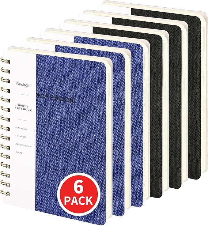 Lined Spiral Notebook College Ruled A5 Journal Book for Note Taking, 160 Pages Writing Journal for Office and Home School Supplies 5.75 x 8.125 inch (6pack-3Black/3NavyBlue)