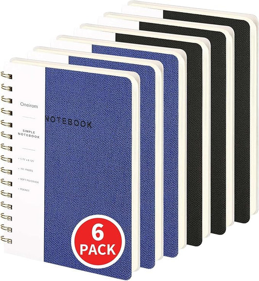 Lined Spiral Notebook College Ruled A5 Journal Book for Note Taking, 160 Pages Writing Journal for Office and Home School Supplies 5.75 x 8.125 inch (6pack-3Black/3NavyBlue)