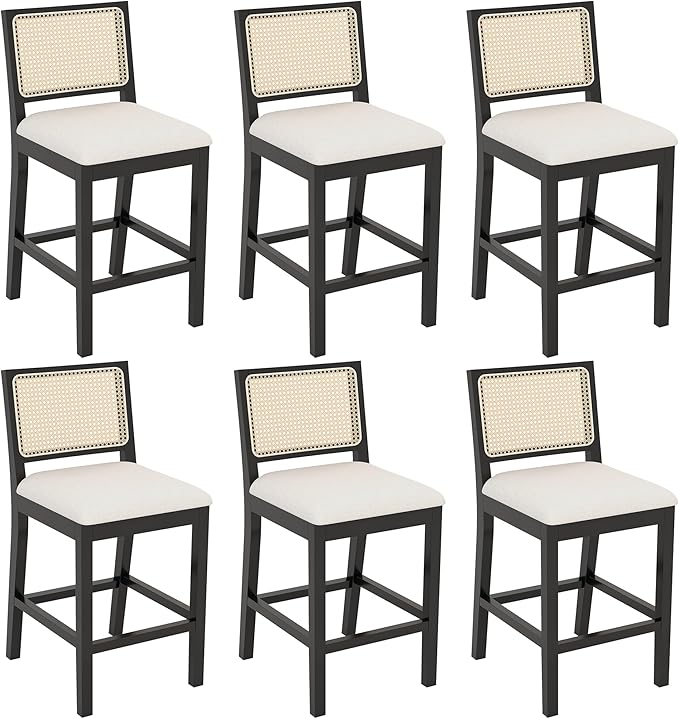 Westice Rattan Bar Stools Set of 6, 26" Farmhouse Counter Height Stools with Natural Rattan Back and Wood Frame, Upholstered Line Fabric Seat Cushion, Wooden Chairs for Kitchen Island/Pub, Black