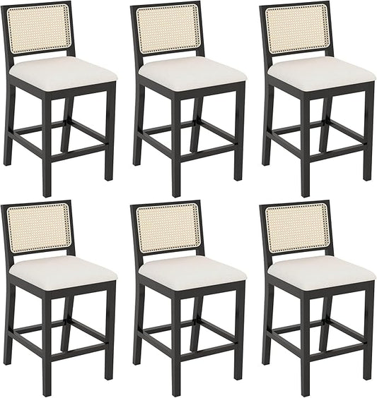 Westice Rattan Bar Stools Set of 6, 26" Farmhouse Counter Height Stools with Natural Rattan Back and Wood Frame, Upholstered Line Fabric Seat Cushion, Wooden Chairs for Kitchen Island/Pub, Black