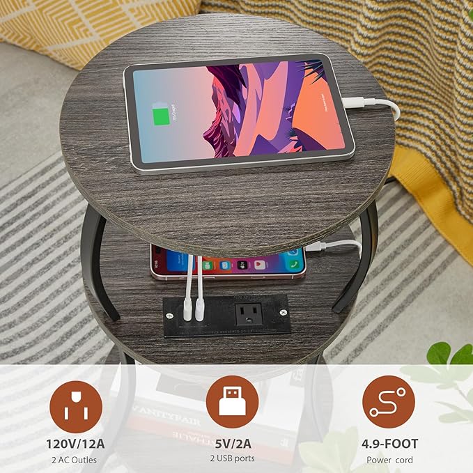 Small Round Side Table with Charging Station, 3-Tier Waist Circular End Table with Storage Shelf, Compact Tea Sofa Side Table Small Spaces, Round Corner Coffee Table for Living Room Bedroon,Grey