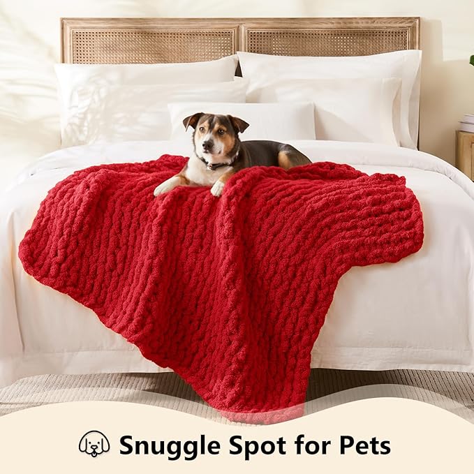 L'AGRATY Chunky Knit Blanket Throw - Soft Chunky Throw Blankets 30x40: 100% Hand Kintted Chenile Crochet Blanket Large Cable Knit Blankets - Rope Knot Throw for Couch Home Decor(Red)