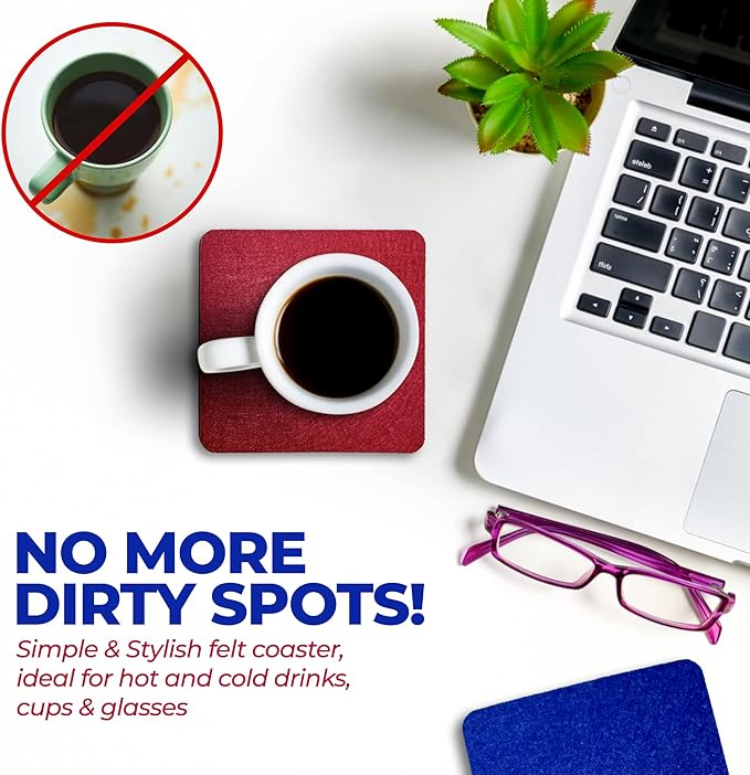 A&A Wonders Premium Felt Coasters for Drink, Two-Tone Reversible, Absorbent Felt Protects Furniture, Table, Anti Slip, Suitable for Drinks & All Table Types (Wine Red/Royal Blue, Square 6 Pack)