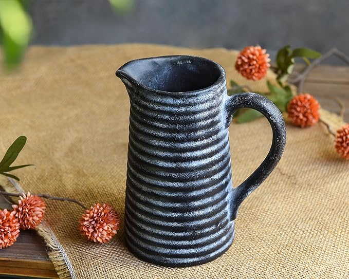 Quoowiit Ceramic Rustic Vase with Handle, Black Distressed Decorative Farmhouse Pitcher Vase for Home Decor Living Room Bedroom Kitchen Office Shelf Decor Centerpiece Table Decoration