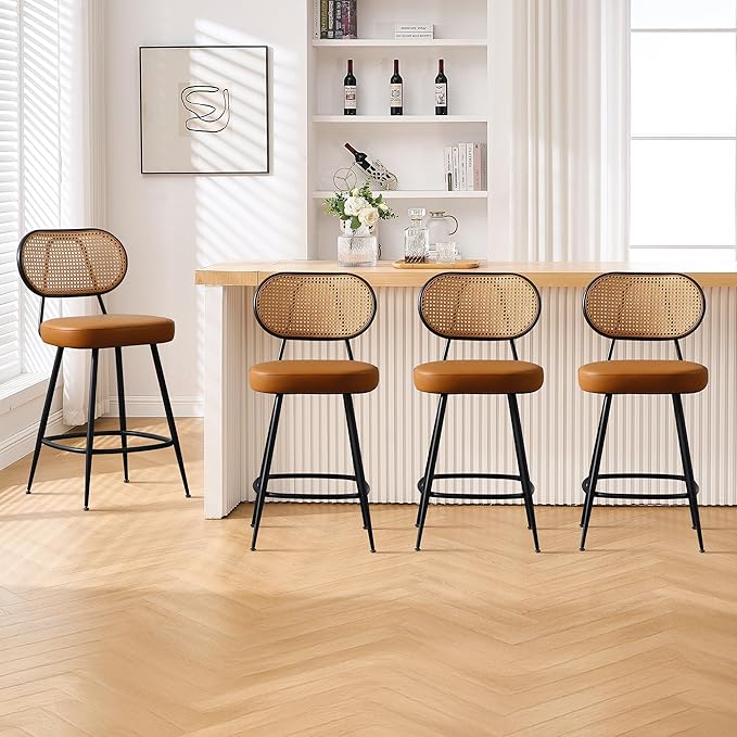 BFZ Counter Height Bar Stools Set of 4, 26" Seat Height Barstools with Rattan Back and Metal Legs, Upholstered Faux Leather Bar Chairs for Kitchen Island, Home Bar, Brown