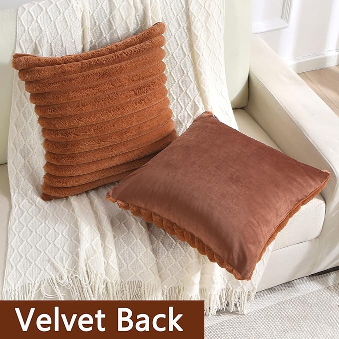 FUTEI Brown Striped Decorative Throw Pillow Covers 20x20 Inch Set of 2,Square Fall Decorations Couch Pillow Case,Soft Cozy Faux Rabbit Fur & Velvet Back,Modern Home Decor for Bed