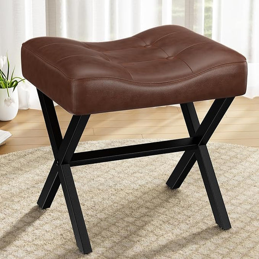 18-Inch Large Leather Vanity Stool, Vanity Chair with Metal X-Leg, Ottoman Accent Stool with Thick Padded Saddle Seat, Dark Brown