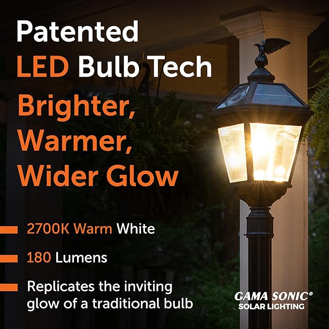Gama Sonic Imperial Bulb V2 Outdoor Solar Lamp Post Light, Black Aluminum, Single Lamp with 3-inch Fitter for Posts or Pier Mount (Sold Separately), Warm White 2700K,