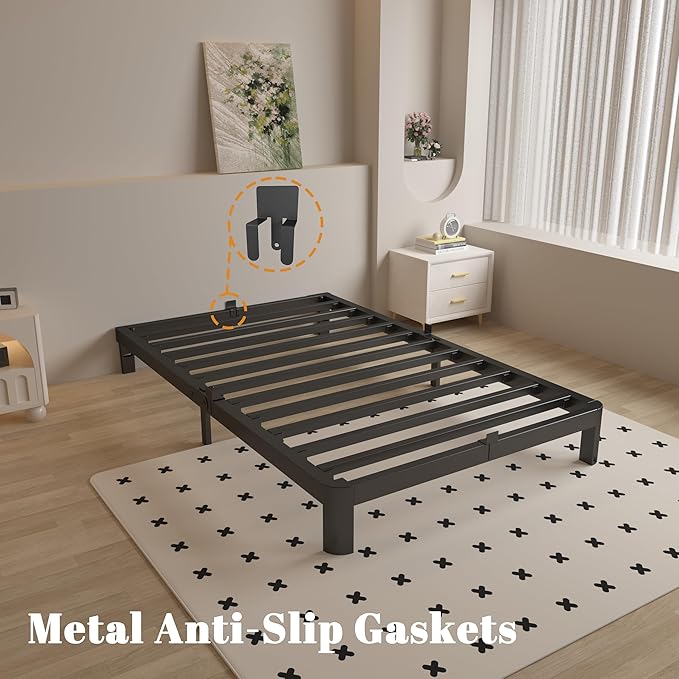 King Size Bed Frame 4 Inch Black, Metal King Bed Frame with Baffles, No Box Spring Needed, Heavy Duty Steel Platform Support, Rounded Corner Legs, Reserved Holes, Noise Free, Easy Assembly