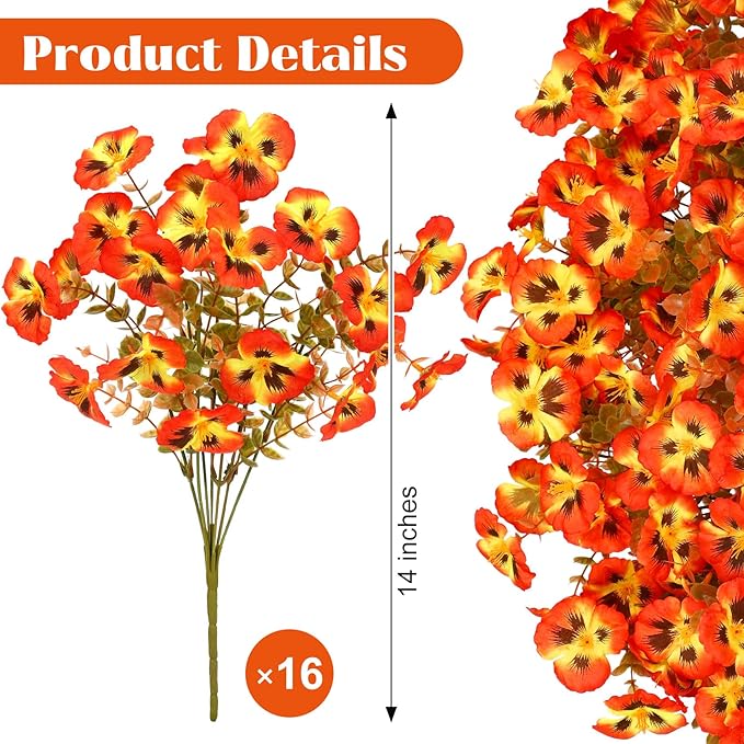 16 Bundles Artificial Fall Flowers for Outdoors Decoration, Fake Pansy Flowers UV Resistant Silk Faux Pansies Autumn Plants for Garden Window Box Patio Planter Porch Home Decor, Orange