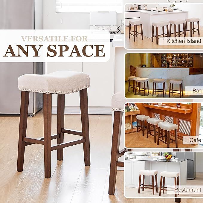 PrimeZone Counter Height Bar Stools Set of 3 - Backless Saddle Barstools with 4.3" Thick Upholstered, Nailhead Trim Linen Fabric & Solid Wood Legs, 26 Inch Counter Stools for Kitchen Island, Beige