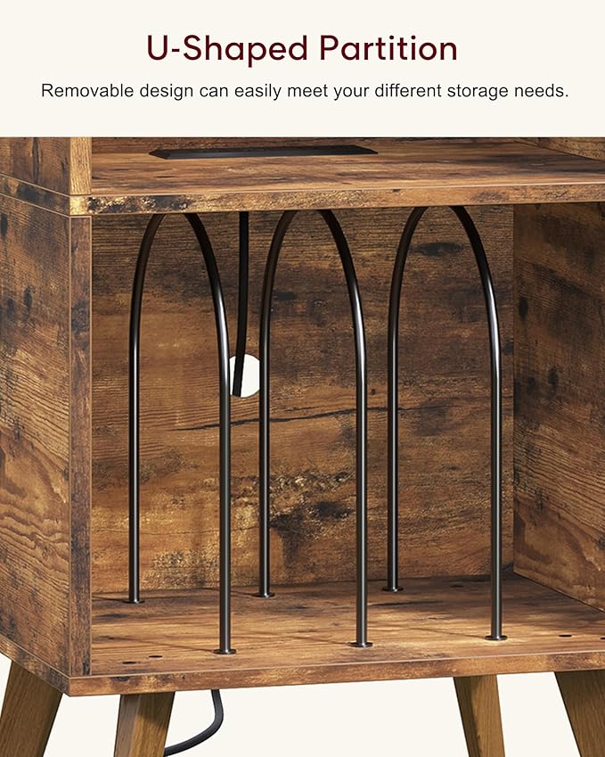 Record Player Stand, 3-Tier Side End Table with Charging Station, Turntable Stand Up to 160 Albums, Vinyl Storage Cabinet Dispaly Shelf for Living Room, Brown