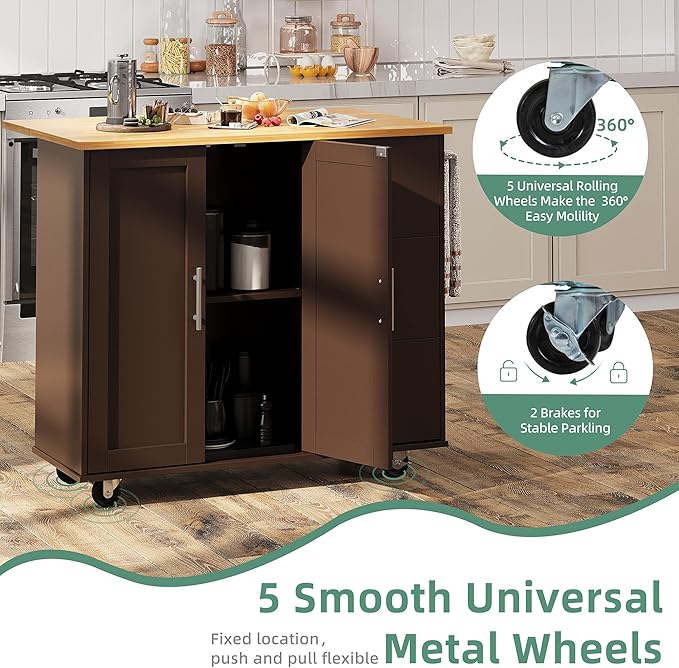 Shintenchi Rolling Kitchen Island Cart with Folding Drop Leaf Breakfast Bar, Portable Trolley Island with Large Storage Cabinet, Shelf and Drawer, Brown