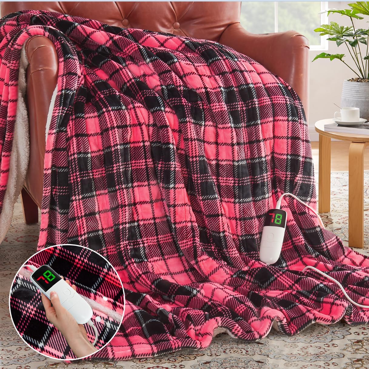 Pink Heated Blanket Electric Throw, 50X60, Heating Throw with 10 Levels & 8 Hours Auto Off, Plaid Checkered Sherpa Blanket Warmer Gifts for Women Mom Trendy Teen Girl, Home Decor for Living Room