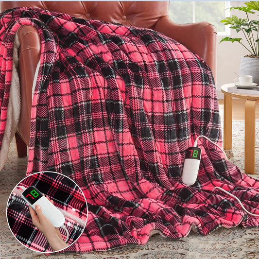 Pink Heated Blanket Electric Throw, 50X60, Heating Throw with 10 Levels & 8 Hours Auto Off, Plaid Checkered Sherpa Blanket Warmer Gifts for Women Mom Trendy Teen Girl, Home Decor for Living Room