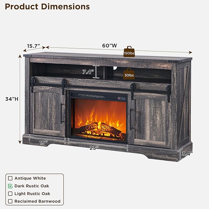 OKD Farmhouse Fireplace TV Stand for 70 Inch TV, 33" Tall Highboy Entertainment Center w/Electric Fireplace, Rustic Media Console w/Sliding Arched Door for Living Room,Dark Rustic Oak