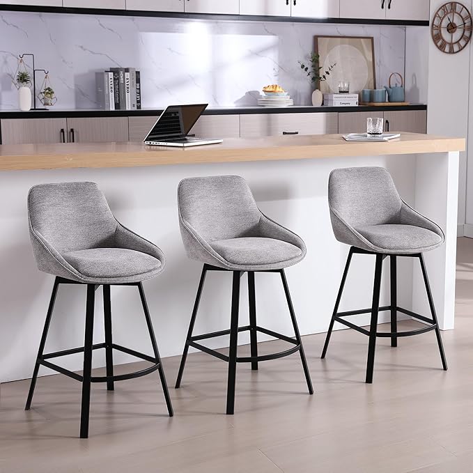 Zesthouse Swivel Bar Stools Set of 3, Modern Counter Height Barstools with Backs, 26'' Upholstered Linen Fabric High Chairs for Island Kitchen, Counter Height Chairs with Metal Legs, Grey