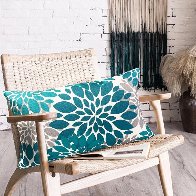 Decorative Throw Pillow Covers Set of 2 Teal Blue Pillow Covers 12x20 Inch Couch Pillow Covers for Sofa Living Room Outdoor Throw Pillow Cover Linen Floral Flower Farmhouse Pillowcase