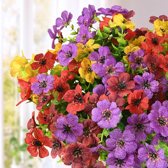 Artificial Flowers Faux Plants Outdoor Fake Flowers Spring Decor,12 Bundles Outdoor Flower Plastic Plant Colorful Daisy UV Resistant for Porch Patio Yard Garden Pot Planters