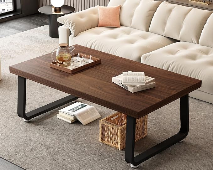 HSH Rustic Walnut Coffee Table, 39” Mid Century Modern Center Table, Rectangle Industrial Living Room Coffee Table, Simple Farmhouse Wood and Metal Tea Coffee Tables for Home Bedroom, Walnut, 39 in