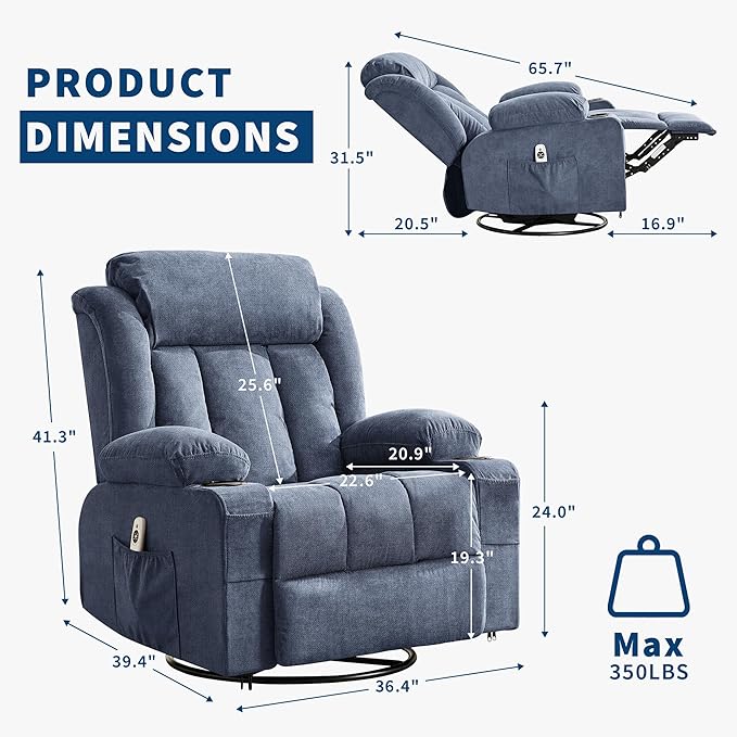 GarveeHome 360° Swivel Rocker Recliner Chair with Heat Massage, Widen Overstuffed Single Sofa Lounge Chair with 3 Positions 2 Side Pockets Cup Holders USB Ports Remote Control Blue