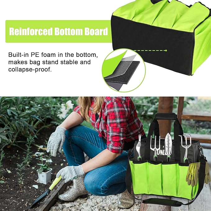 KUNLUN Gardening Tote Bag, Garden Tool Bag with 14 Pockets & Elastic Belt, Heavy Duty Standable Garden Tote Storage Bag with Long Adjustable Shoulder Strap for Indoor and Outdoor Use