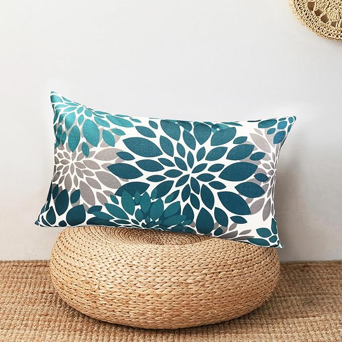 Decorative Throw Pillow Covers Set of 2 Teal Blue Pillow Covers 12x20 Inch Couch Pillow Covers for Sofa Living Room Outdoor Throw Pillow Cover Linen Floral Flower Farmhouse Pillowcase
