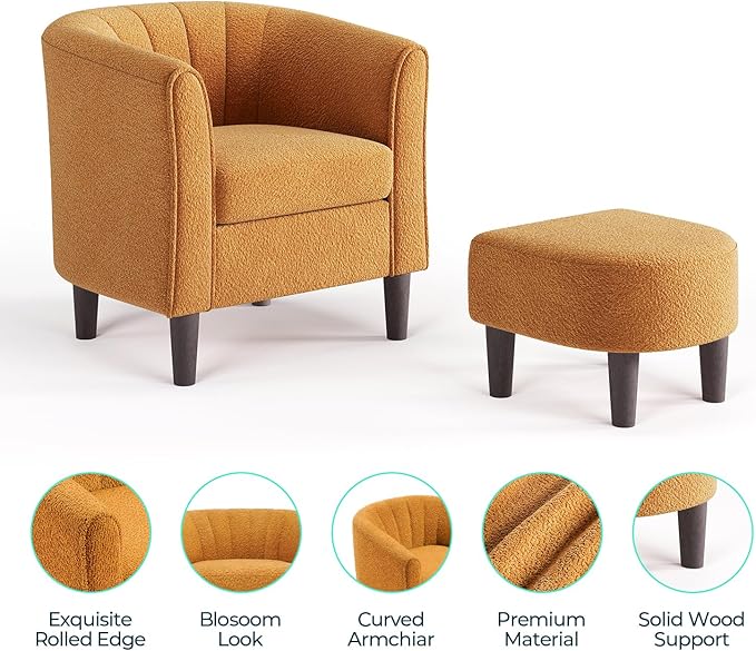 LINSY Accent Chair with Ottoman, Chenille Barrel Chair with Footstool, Modern Upholstered Armchair for Living Room Bedroom Waiting Room Office, Orange