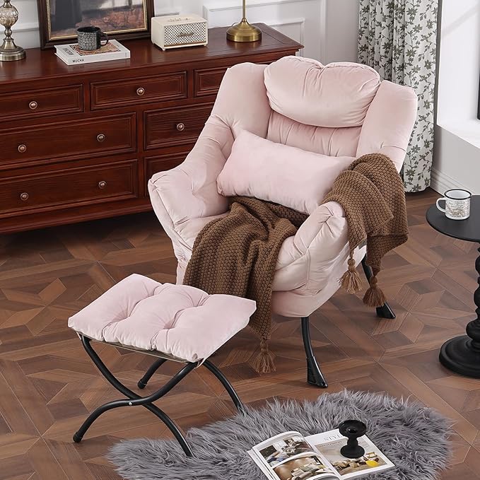 Lazy Chair with Ottoman, Modern Accent Chair with Lumbar Pillow, Comfy Chairs with Folding Footrest for Bedroom, Reading, Oversized Supportive Lounge Chairs(Velvet Pink)