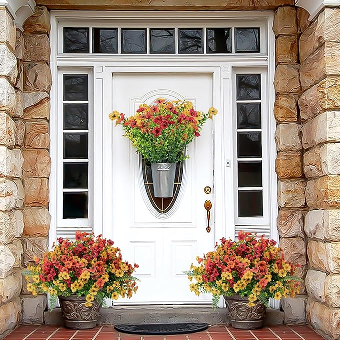 Artificial Fake Fall Mums Flowers Plants Outdoor,18 Bundles Faux Plants Outside No Fade Plastic UV Resistant for Front Door Porch Patio Balcony Garden Yard Decorations